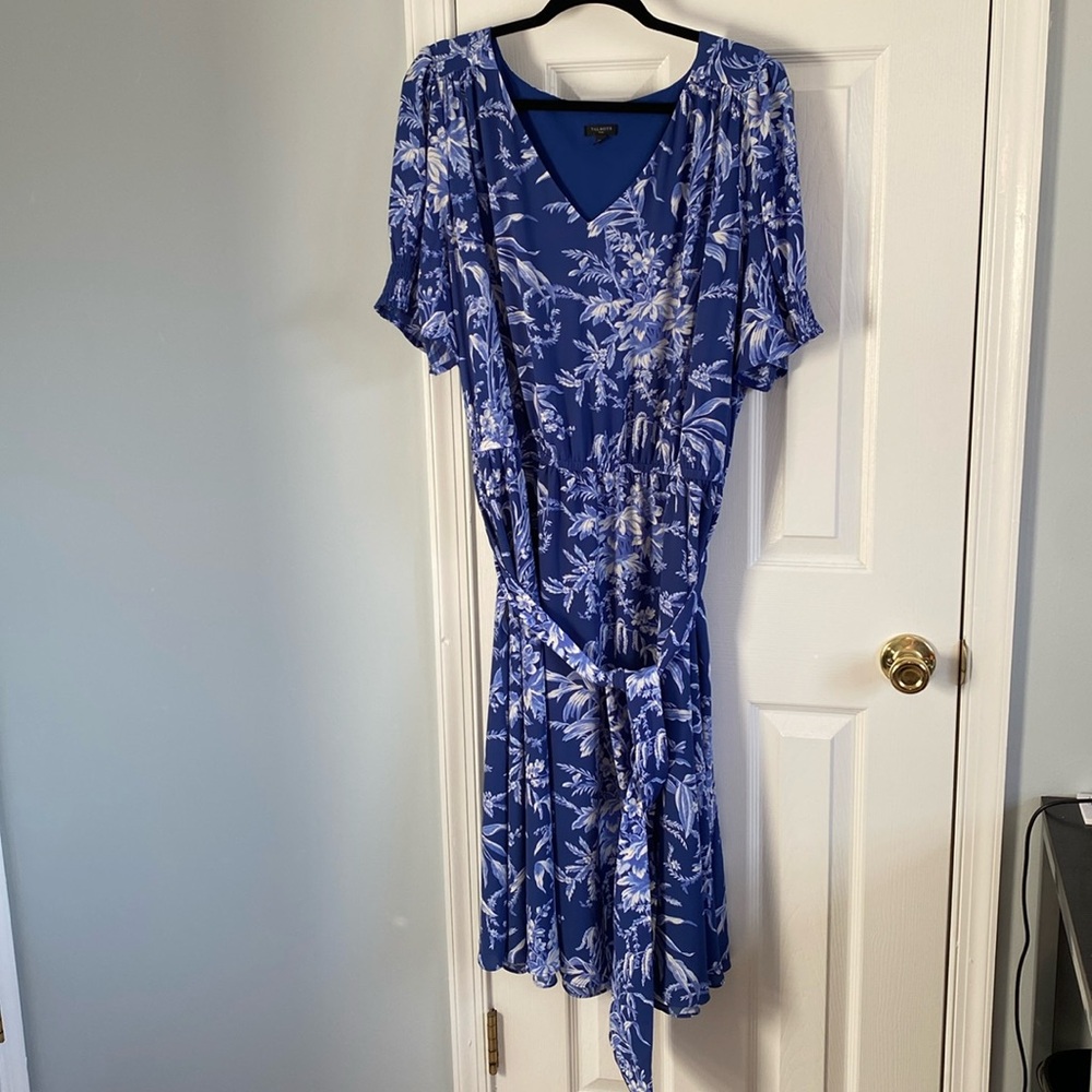 Talbots Blue Floral Etched Toile Belted Smocked Fit & Flare Dress Womens Sz 20W